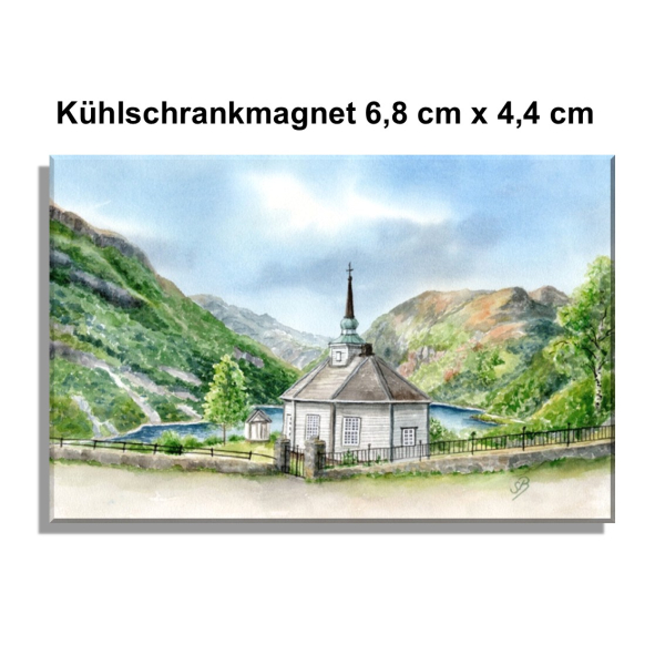 Fridge magnet watercolor art print Norway Norge Geiranger Fjord Church